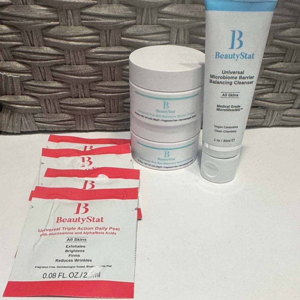 BeautyStat Blue Microbiome Cleanser and Daily Peel (4) and two boost creams